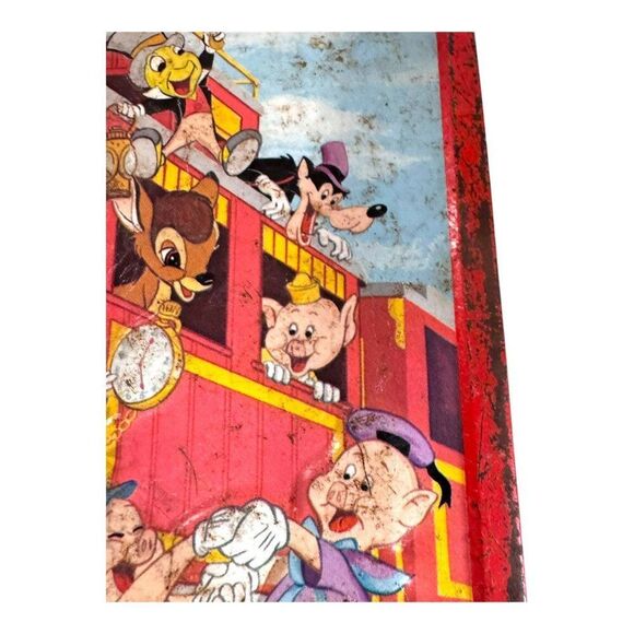 Vintage Disney Express Metal Lunchbox Train Theme Mickey Mouse Distress Red READ - Picture 14 of 16